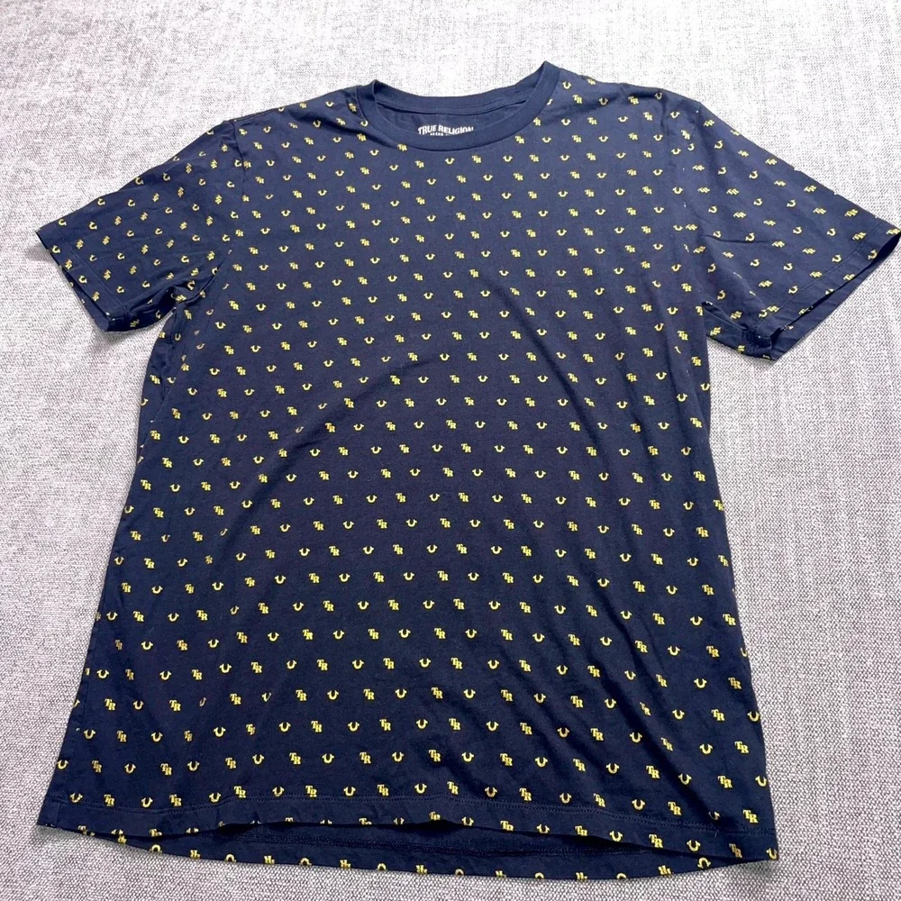 True Religion T Shirt Mens L Navy Blue Allover Monogram Short Sleeve Crew Neck